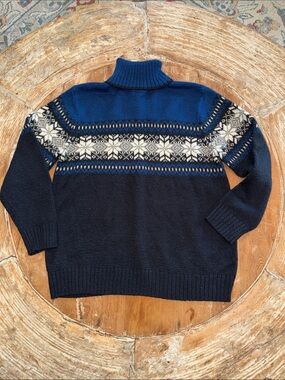 Navy and Royal Blue Fair Isle Turtleneck Sweater White Nordic Pattern